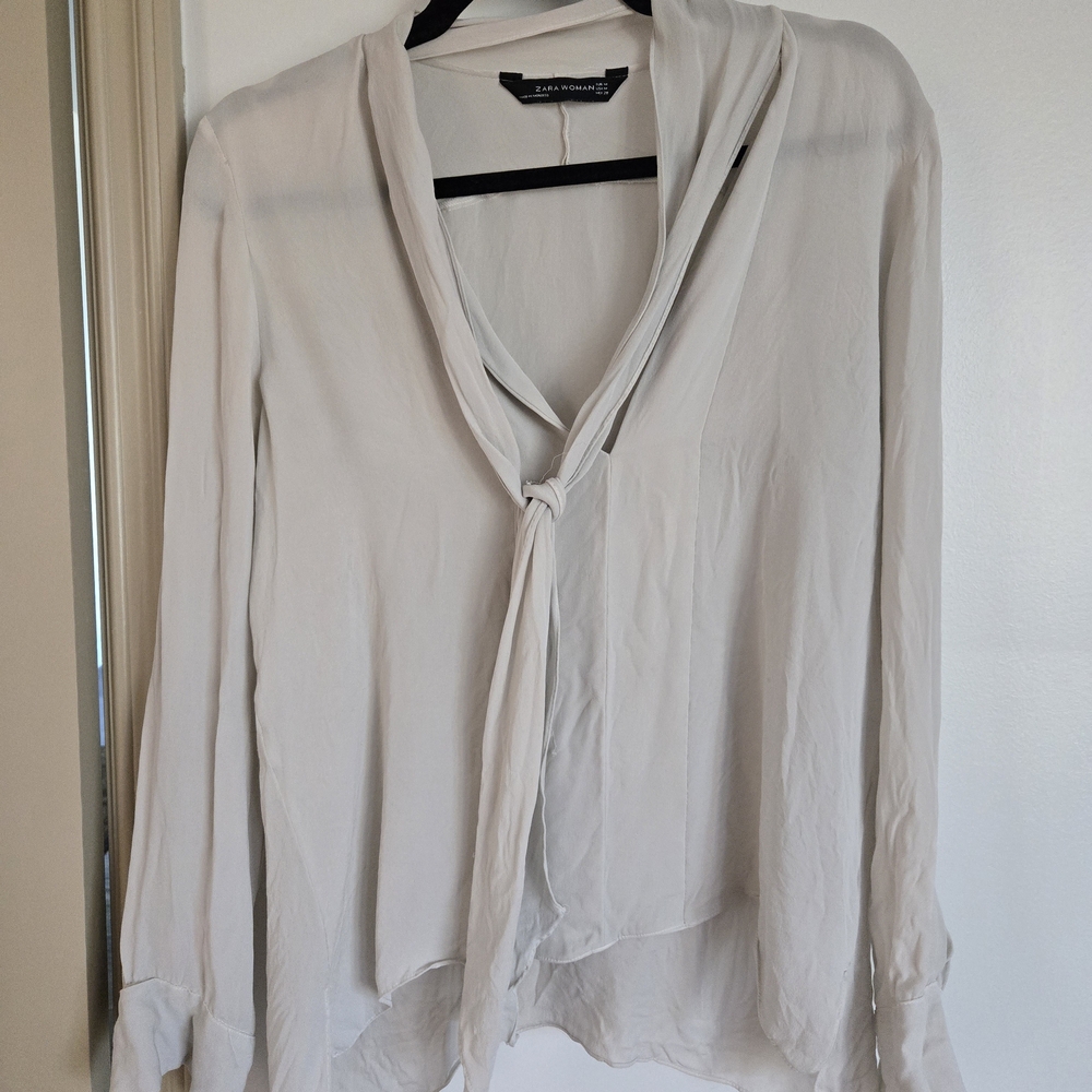 Zara Light Gray Tie-Front Blouse